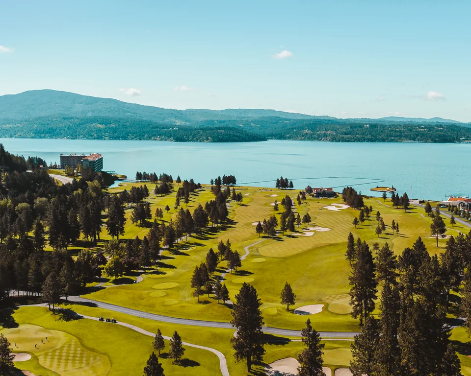 An aerial view of the resort golf course beside Lake Coeur d’Alene.